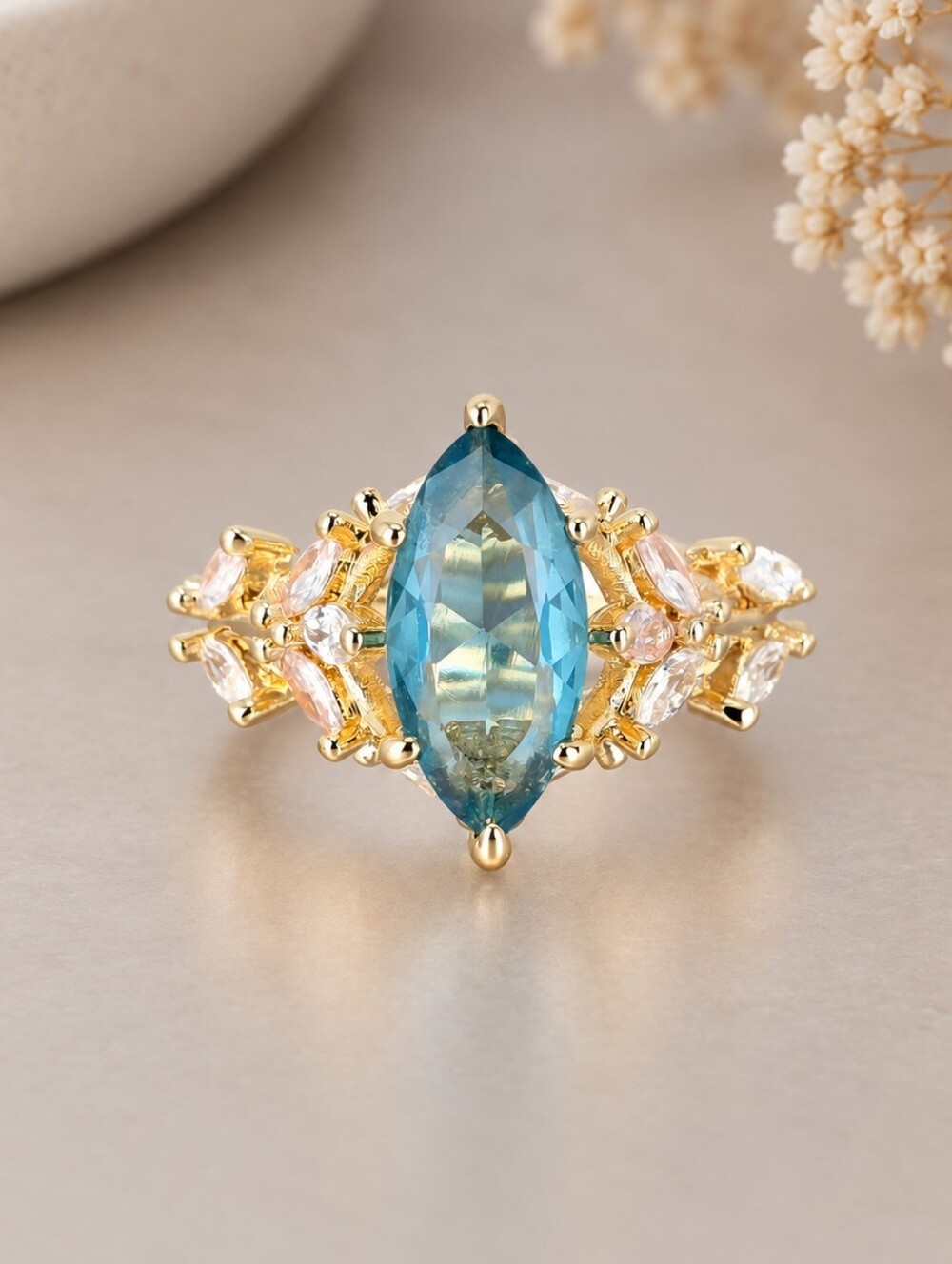 Gold Blue Marquise Stone Ring with Clear Accents
